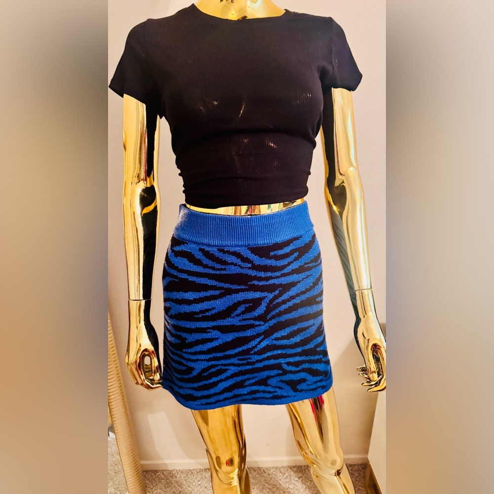 Blue and Black Zebra Print Stretch Knit Mini Skirt, Fall Knit Skirt